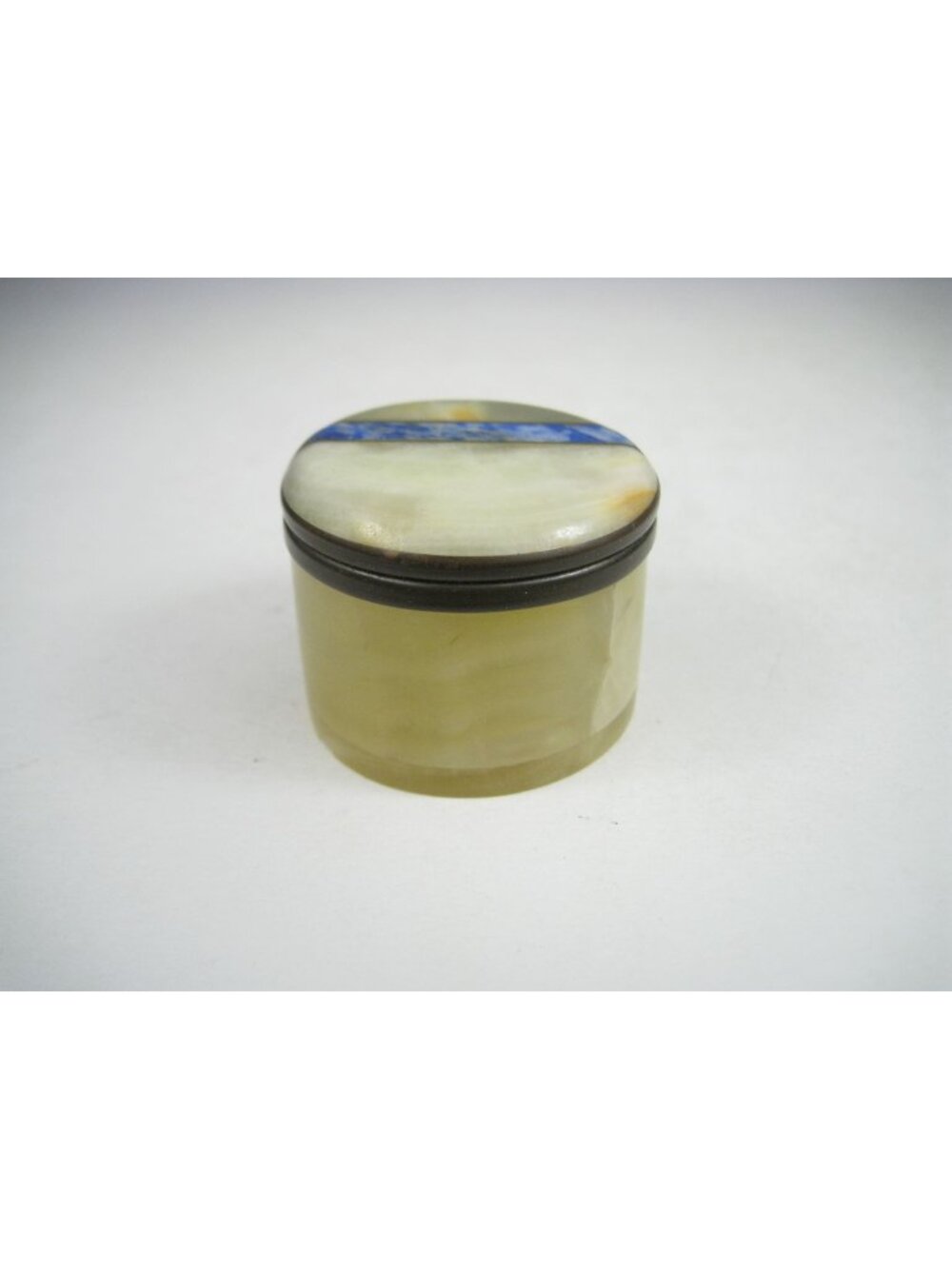 Vintage Italian Alabaster Trinket Box Blue Inlay Brass Lid READ